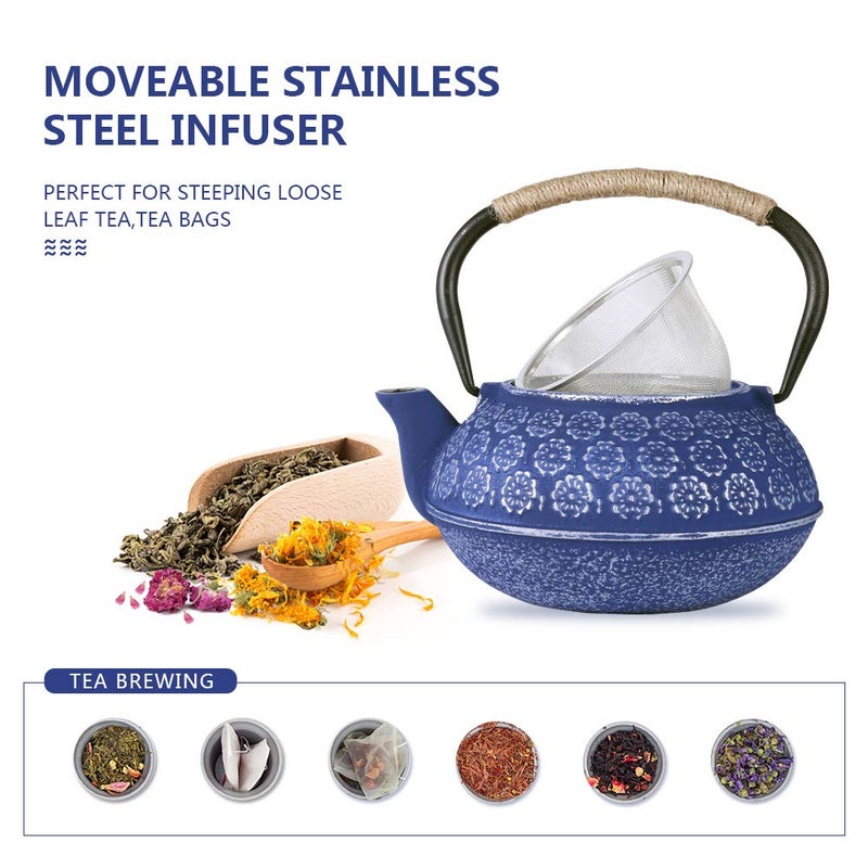 U-Fine Ufine Blue Floral Cast Iron Teapot Set Japanese Style Tetsubin Tea Kettle with 4 Cups, Stainless Steel Infuser for Stove Top Tea Brewing 28 oz - Image 3